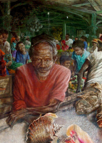 painting of man selling conch shells