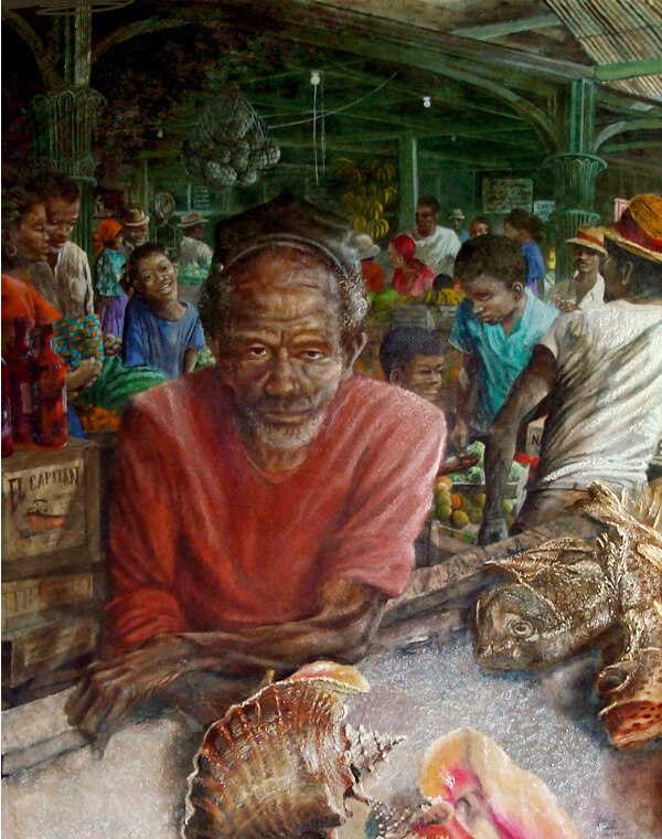 painting of man selling conch shells