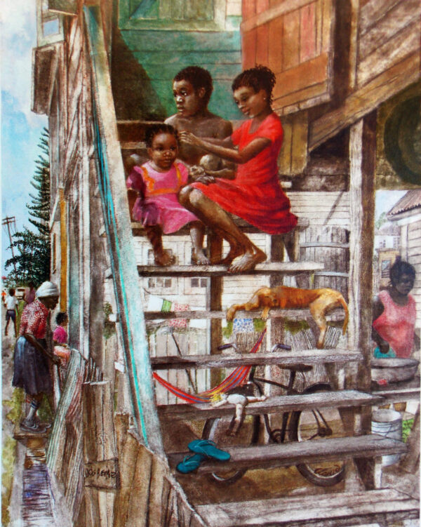 Painting of children sitting on steps with blue slippers